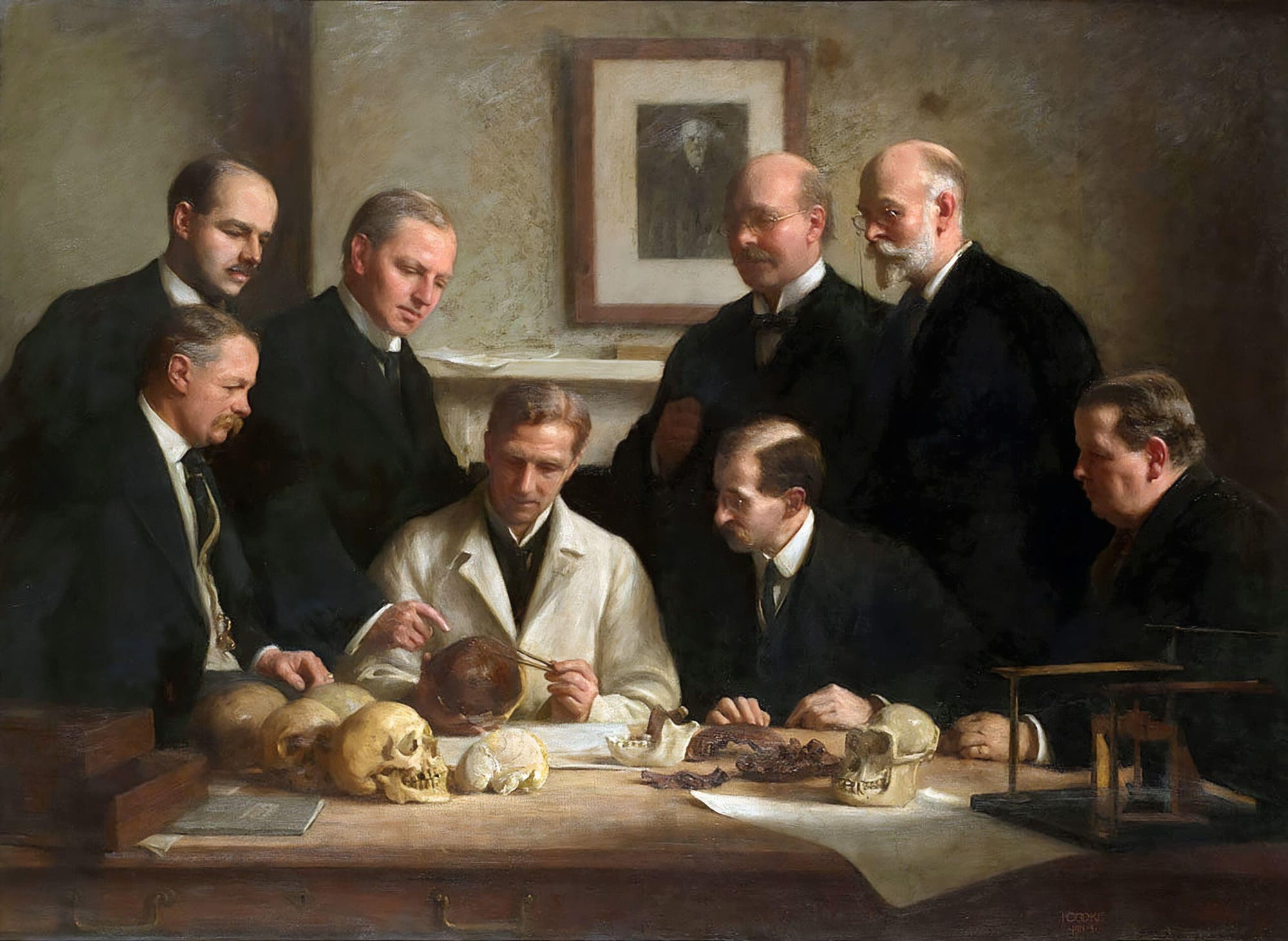 Gemälde von John Cooke zur Untersuchung des »Piltdown-Menschen«