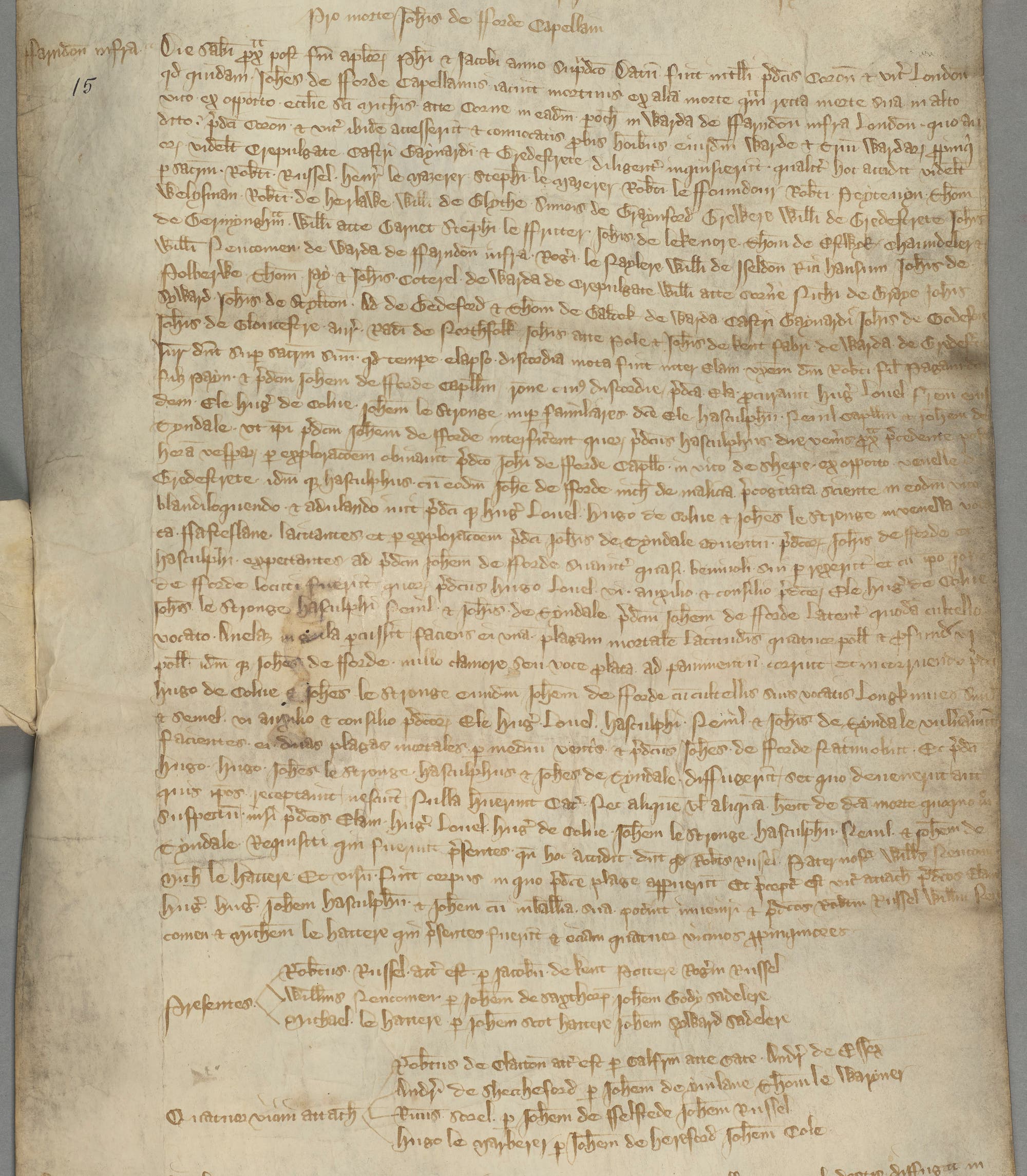 Eine historische, handgeschriebene Manuskriptseite in lateinischer Sprache, die aus dem Mittelalter stammt. Der Text ist in einer dichten, kursiven Schrift verfasst und bedeckt fast die gesamte Seite. Am oberen Rand befindet sich eine Überschrift, die den Inhalt des Dokuments zusammenfasst. Die Seite zeigt Alterserscheinungen wie Verfärbungen und leichte Falten. Links oben ist eine Seitenzahl vermerkt.
