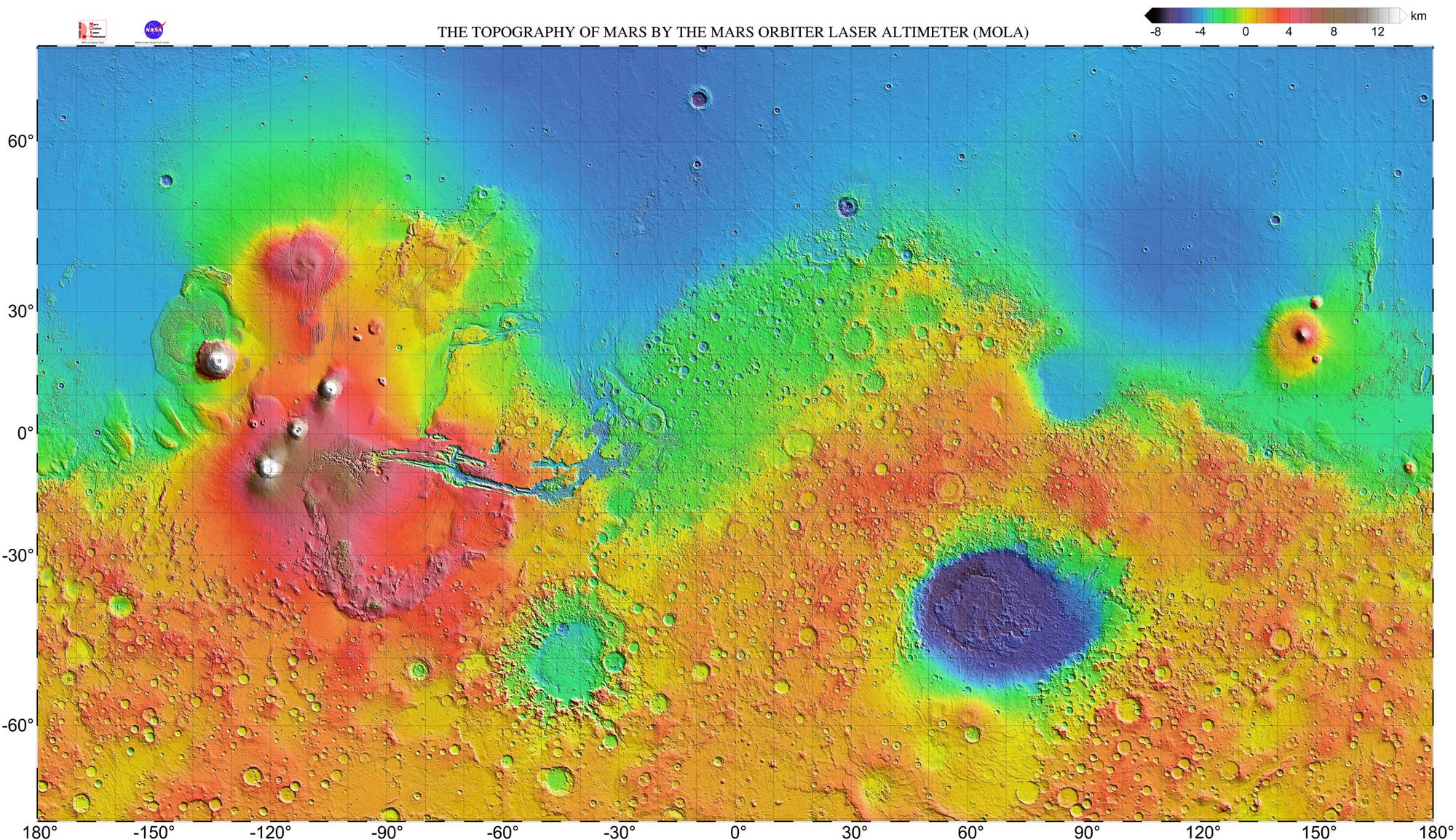 Farbcodierte Karte des Mars.