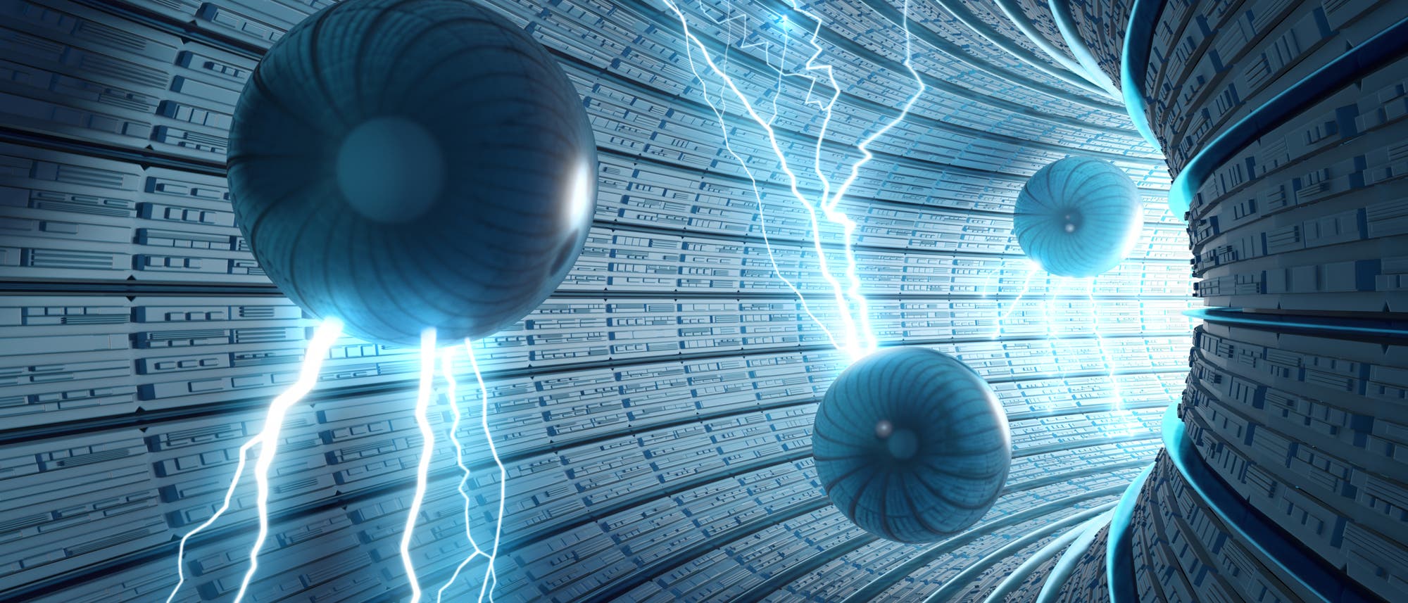 Drei Kugeln fliegen durch einen Tunnel und senden Energieblitze aus.