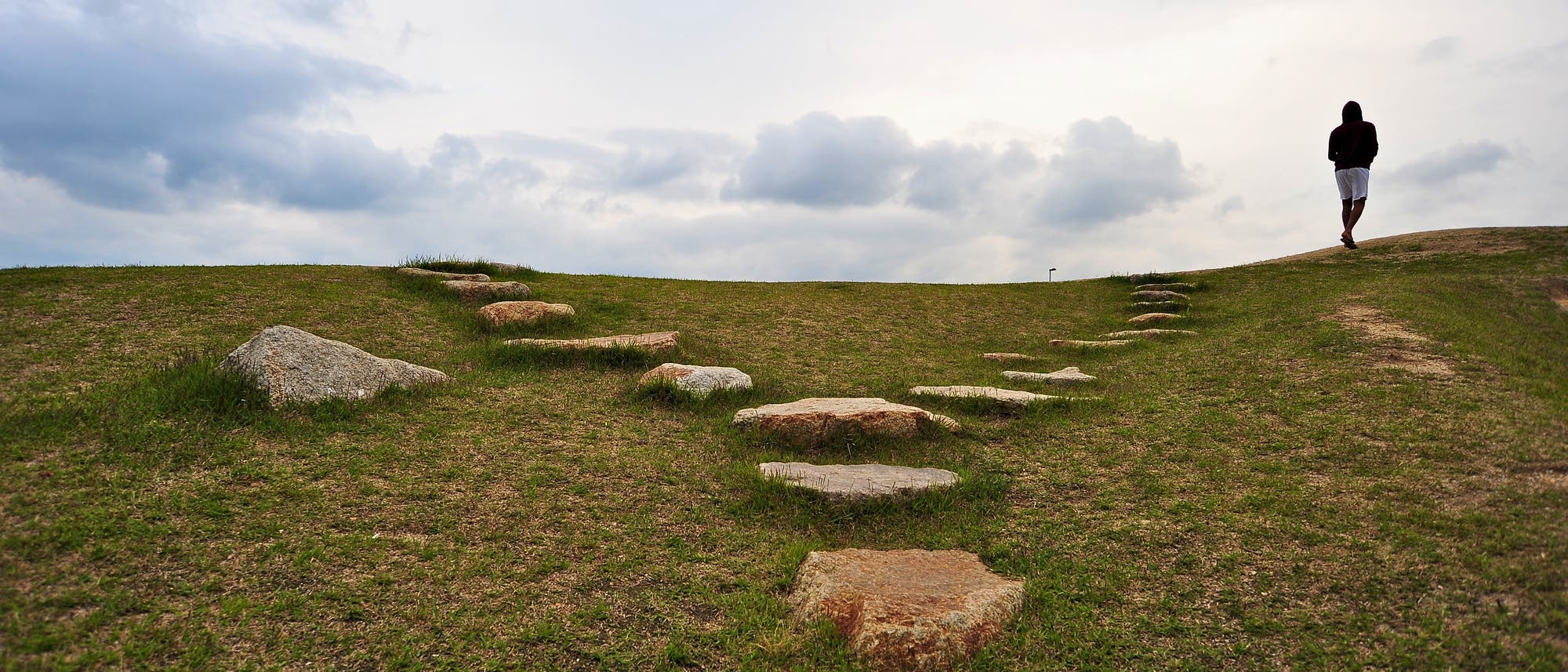 Ein grasbewachsener Hügel mit einer Reihe von Trittsteinen, die sich in der Mitte des Bildes in zwei Wege aufspalten. Eine Person am Horizont hat sich für den rechten Weg entschieden und geht in dunkler Kleidung und weißen Shorts den Hügel hinauf. Der Himmel ist bewölkt, was eine nachdenkliche Stimmung erzeugt. Ein grasbewachsener Hügel mit einer Reihe von Trittsteinen, die sich in der Mitte des Bildes in zwei Wege aufspalten. Eine Person am Horizont hat sich für den rechten Weg entschieden und geht in dunkler Kleidung und weißen Shorts den Hügel hinauf. Der Himmel ist bewölkt, was eine nachdenkliche Stimmung erzeugt.