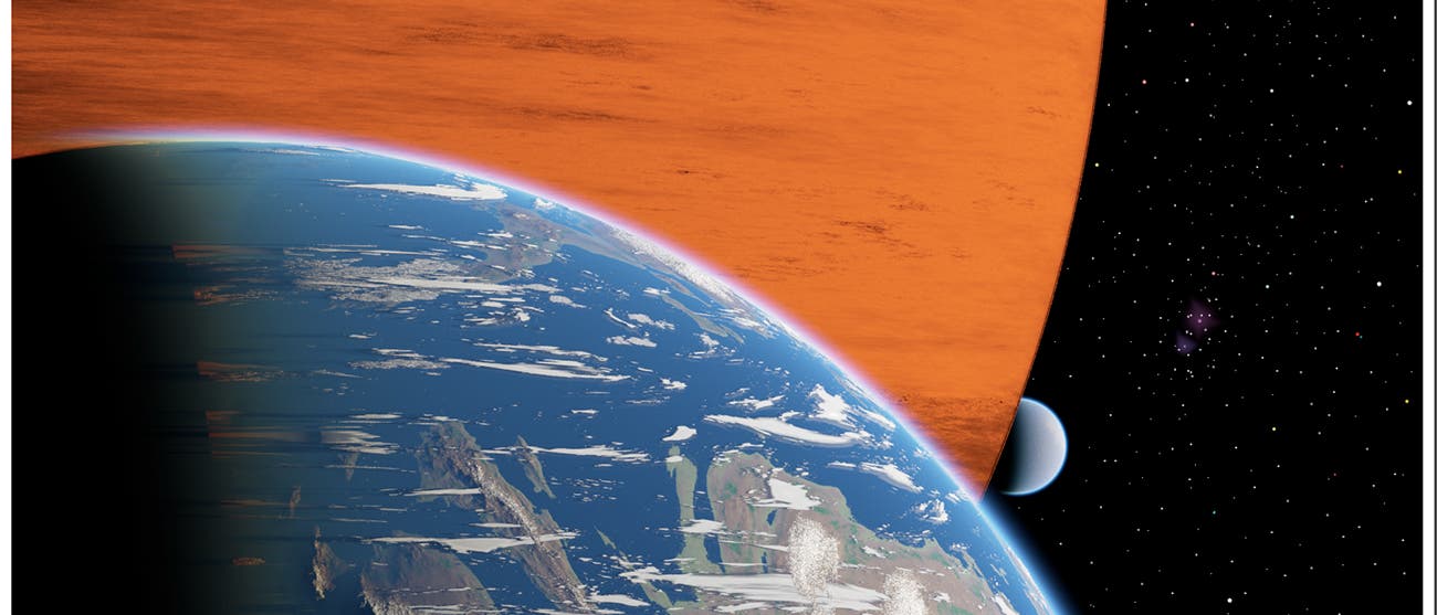 Künstlerische Darstellung von zwei Monden eines Gasriesenplaneten Künstlerische Darstellung von zwei Monden eines Gasriesenplaneten