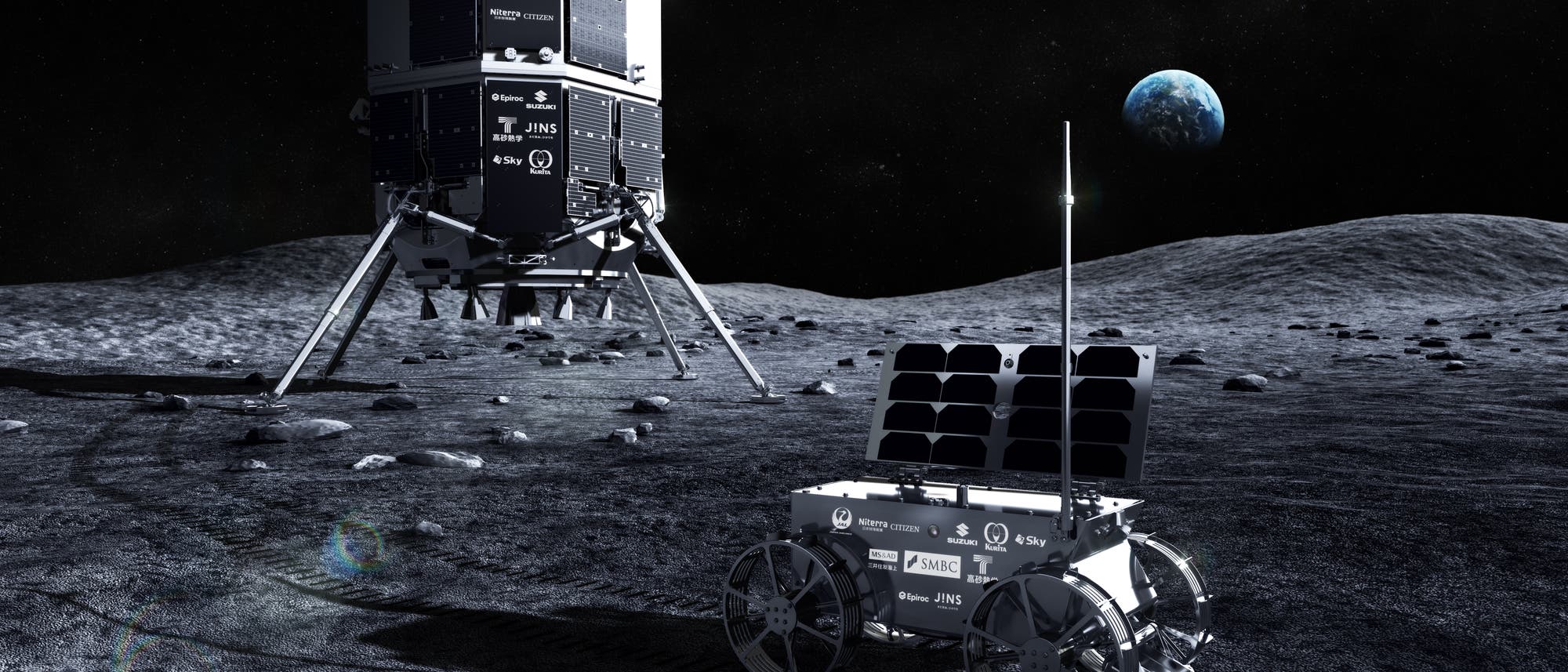 Ein Mondrover mit vier Rädern und Solarpanelen steht auf der Mondoberfläche. Im Vordergrund ist ein größerer Lander mit mehreren Logos, darunter "SMBC" und "JINS", zu sehen. Die Erde ist am Horizont sichtbar. Die Szene vermittelt eine futuristische Mondmission. Ein Mondrover mit vier Rädern und Solarpanelen steht auf der Mondoberfläche. Im Vordergrund ist ein größerer Lander mit mehreren Logos, darunter "SMBC" und "JINS", zu sehen. Die Erde ist am Horizont sichtbar. Die Szene vermittelt eine futuristische Mondmission.