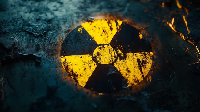 Ein verwittertes, gelbes Warnzeichen für Radioaktivität auf einer dunklen, rostigen Metalloberfläche. Das Symbol ist teilweise abgeblättert, was auf Alter und Vernachlässigung hinweist. 