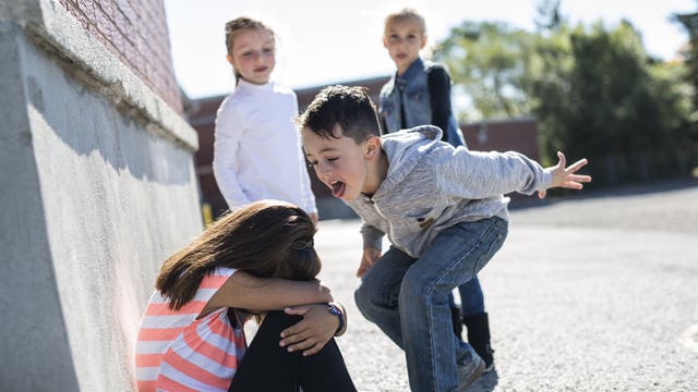 Eine Gruppe Schüler mobbt ein Mädchen 