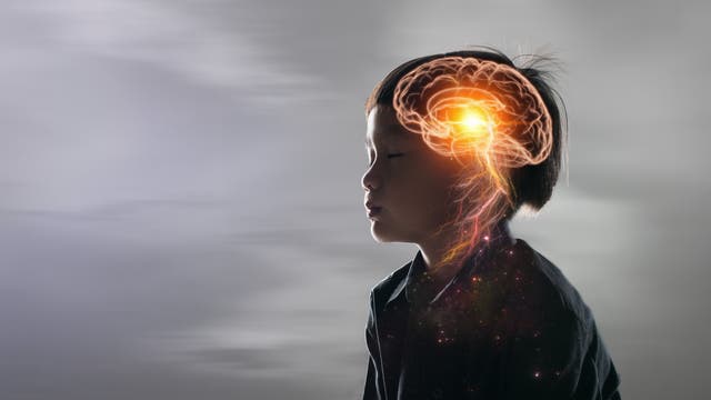 Asiatisches Kin vor diffusem grauem Hintergrund mit geschlossenen Augen, sein Gehirn ist von außen in leuchtenden Strukturen dagestellt.