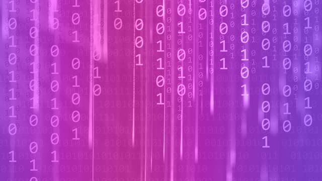 Ein digitaler Hintergrund mit vertikal verlaufenden Binärcode-Zeilen aus Einsen und Nullen. Die Farben variieren von Rosa bis Lila und erzeugen einen futuristischen, technologischen Effekt. Die Zahlen scheinen in Bewegung zu sein, was an den Stil des Films »Matrix« erinnert.