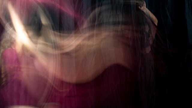 Eine verschwommene, abstrakte Darstellung einer Person, die hinter einem transparenten Vorhang steht. Die Farben sind hauptsächlich dunkle Töne mit rosa und cremefarbenen Akzenten. Die Person hebt einen Arm, während ihr Gesicht teilweise sichtbar ist. Die Szene vermittelt eine geheimnisvolle und künstlerische Atmosphäre.