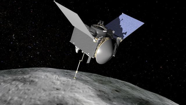 Raumsonde Osiris-Rex im Umlauf um den Asteroiden Bennu (Illustration)