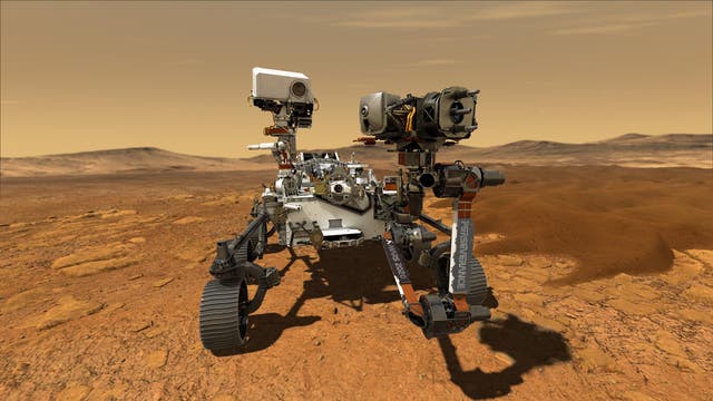 Künstlerische Darstellung des Rovers Perseverance auf dem Mars. Ein Robotergefährt in rötlicher Wüste unter orangefarbenem Himmel.