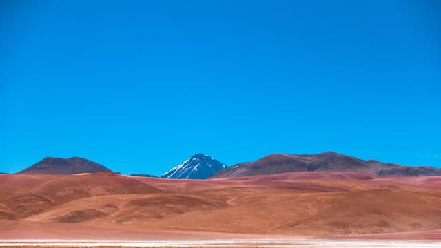 Altiplano in Chile: Ein Vulkan ragt unter einem stahlblauen Himmel über der Wüste auf.