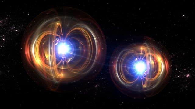 Zwei leuchtende abstrakte, im Kosmos schwebende Objekte