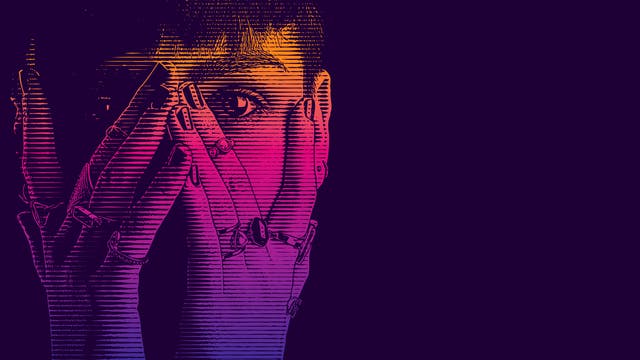 Illustration einer Frau, die ängstlich durch ihre Hände mit gespreizten Finger schaut