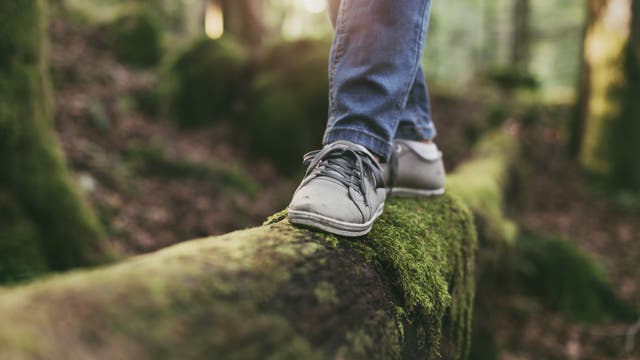 Frau balanciert auf Baumstamm